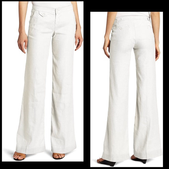 White Linen Wide Leg Trouser Pants 